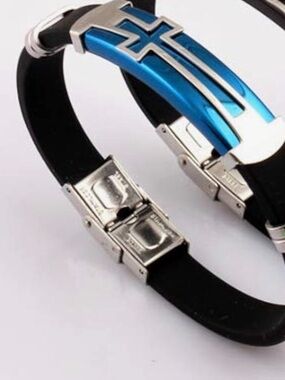 Unisex Blue and Black Cross Accent Silicone Bracelet